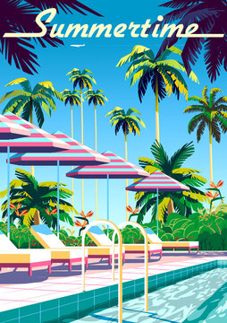 Beautiful landscape with swimming pool, tents, sunbeds and palms in the background. Handmade drawing vector illustration.