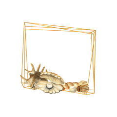 Hand-drawn Gold frame with shells, beach illustration. Watercolor seashells on a white isolated background