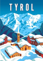 Winter Tyrol landscape with a village under the snow in the foreground and mountains in the background. Handmade drawing vector illustration. Retro style poster.
