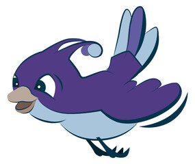 Flying happy bird. Blue cheerful cartoon character