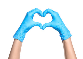 Fototapeta premium Doctor showing heart on white background, closeup of hands