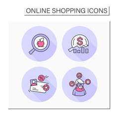 E-commerce color icons set. Sales analysis, loyalty program, product search, virtual showroom.Mobile retail store. Isolated vector illustration