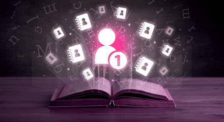 Open book with social networking icons above