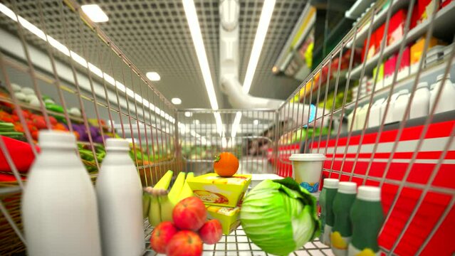 Hand robot buys food and puts them in the basket. 4k