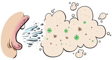 A cartoon mouth breathing out a cloud of virus particles. - obrazy, fototapety, plakaty