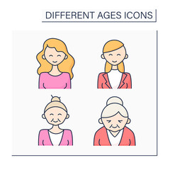 Different ages color icons set. Generations. Newborn, teenager, adulthood and retirement of womane life. Life cycle concept. Isolated vector illustrations