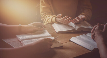 Christian groups open the Bible page and study the Bible with friends.  in the Sunday School...