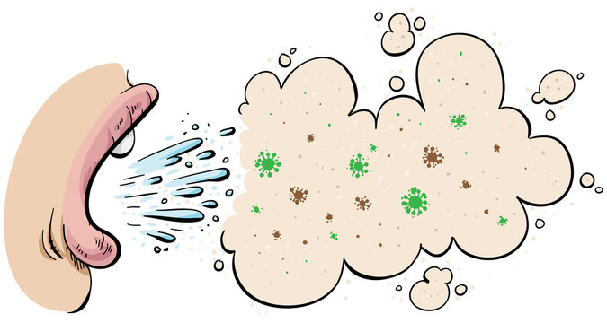 A Cartoon Mouth Breathing Out A Cloud Of Virus Particles.