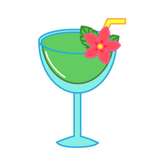 Cocktail with tropic flower and drinking straw. vector