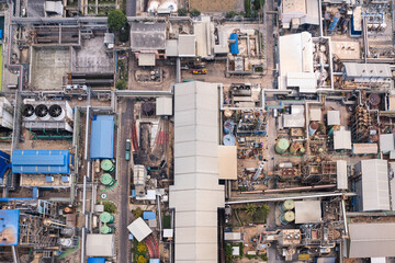 Aerial view of building infrastucture of industry power plant, smart chamical, gas and oil refinery pipeline warehouse