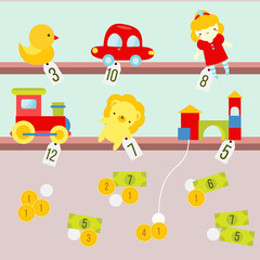 Mathematics educational children activity. Study counting and money for kids and preschool. Toy shop game - 501368836