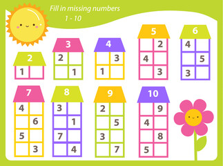 Mathematics educational game for children. Complete the row, write missing numbers. Worksheet for kids