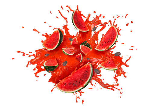 Collection of fresh Watermelon with splashing red juice on white background. Selective focus