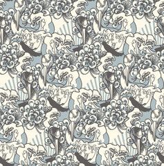 Monochrome seamless backround with a crane on the Japanese theme. Vector. Ideal for printing onto fabric and decoration
