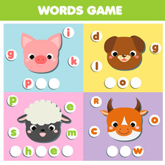 Obraz na płótnie Canvas Farm animals. Write missing letters and complete words. Crossword for kids and toddlers. Educational children game.