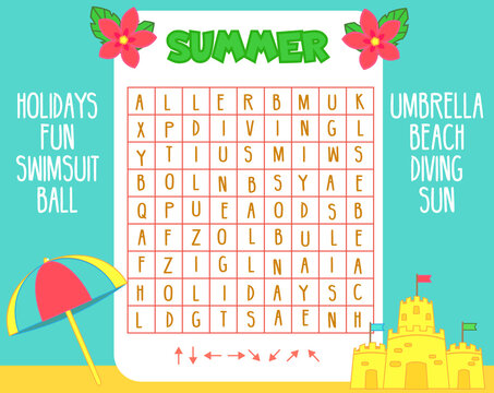 Educational game for children. Summer holidays theme Word search puzzle. Learn english vocabulary for kids and toddlers