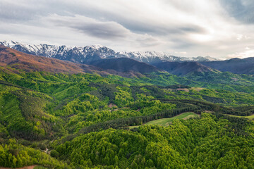 Naklejka na ściany i meble Snow-capped mountains and green forest. Colorful landscape in spring.The concept of tourism