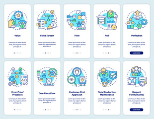 Lean manufacturing onboarding mobile app screen set. Effective production walkthrough 5 steps graphic instructions pages with linear concepts. UI, UX, GUI template. Myriad Pro-Bold, Regular fonts used