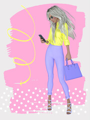 Image of a young beautiful fashion positive platinum blond woman out and about with her active lifestyle.