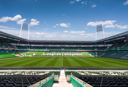 Panoramic view of Weserstadion, home stadium of 2. Bundesliga football club SV Werder. Bremen, Germany - March 2022