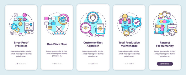 Lean manufacturing principles onboarding mobile app screen. Walkthrough 5 steps graphic instructions pages with linear concepts. UI, UX, GUI template. Myriad Pro-Bold, Regular fonts used
