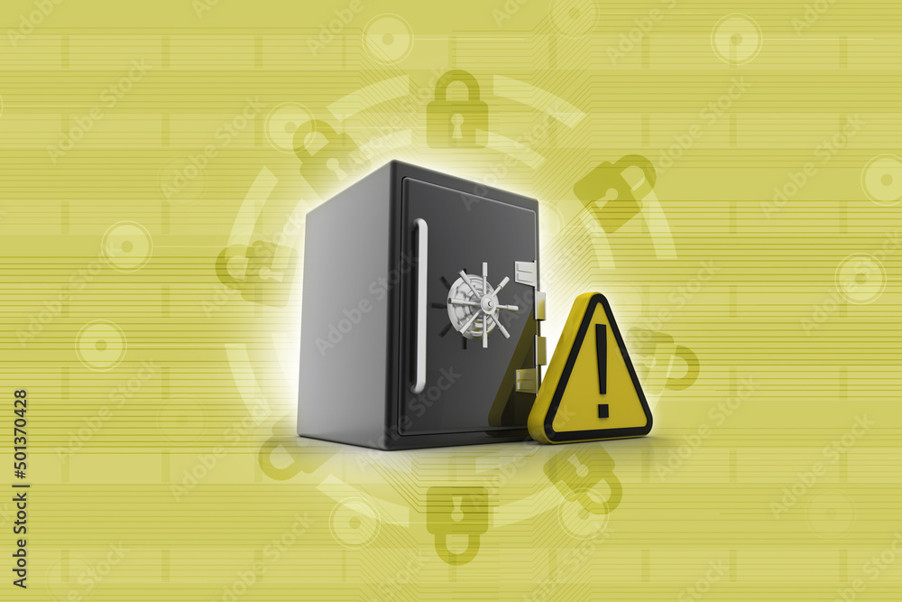 Poster 3d rendering exclamation sign with locker