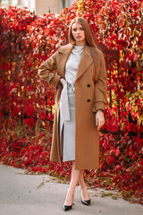 The girl is a model showing fashionable clothes on the street. Summer, the girl's back is a living fence. Showroom