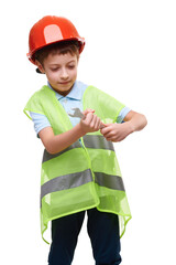 Caucasian child boy with helmet holding a wrench on white isolated background