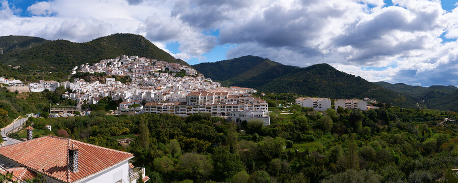 View of Ojén, a village of white Andalucian houses that sits in the mountains behind Marbella, Malaga, Spain.