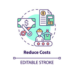 Reduce costs concept icon. Production principle. Purpose of lean manufacturing abstract idea thin line illustration. Isolated outline drawing. Editable stroke. Arial, Myriad Pro-Bold fonts used