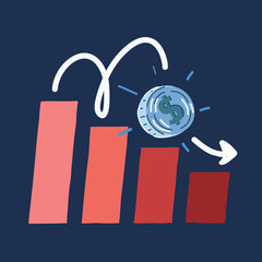 Cartoon vector illustration of us dollar on declining chart. U.S. economy. The economic crisis in America. Decrease in profit. Recession.