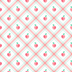 Cute Peach Fruit Element Peach Old rose Pink Green Diagonal Stripe Striped Line Tilt Checkered Plaid Tartan Buffalo Scott Gingham Pattern Flat Cartoon Vector Seamless Pattern Print Background Food