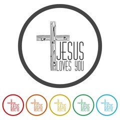 Jesus loves you, Christian Quote icon. Set icons colorful