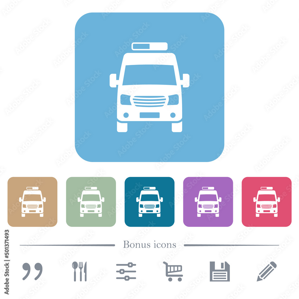 Poster ambulance car front view flat icons on color rounded square backgrounds