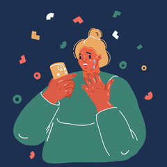 Cartoon vector illustration of woman look at skreen smartphone and cry. Bad news concept.