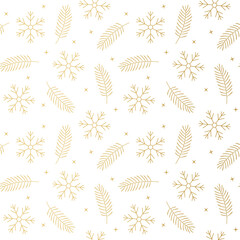 seamless pattern of golden fir tree twigs and snowflakes; christmas, elegant background for wrapping, textile, wallpaper - vector illustration