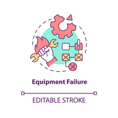 Equipment failure concept icon. Machine breakage. Lean manufacturing disadvantage abstract idea thin line illustration. Isolated outline drawing. Editable stroke. Arial, Myriad Pro-Bold fonts used