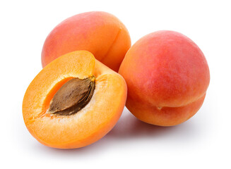 Apricot isolated. Apricots on white background. Apricot: whole and a half. With clipping path. Full depth of field.