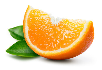 Orange slice isolated. Cut orange slice with leaves on white background. Orang fruit with clipping...