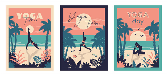 Beautiful yoga woman on the beach. Young silhouette girl in swimsuit stretches outdoor. Female character does meditation, breathing practice. Vector flat illustration for healthy lifestyle