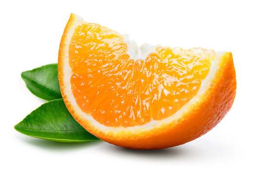 Orange slice isolated. Cut orange slice with leaves on white background. Orang fruit with clipping path. Full depth of field.