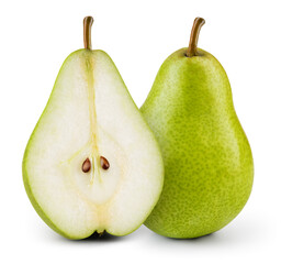 Pears isolated. One and a half green pear fruit on white background. Pear slice. With clipping path. Full depth of field.