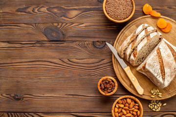 Healthy homemade bread with nuts and fruits. Top view