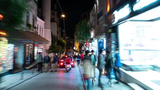 istanbul city center night time illumination famous crowded street walking pov panorama 4k timelapse turkey 
