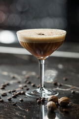Alcoholic cocktail, coffee. Photo of drinks on a dark background
