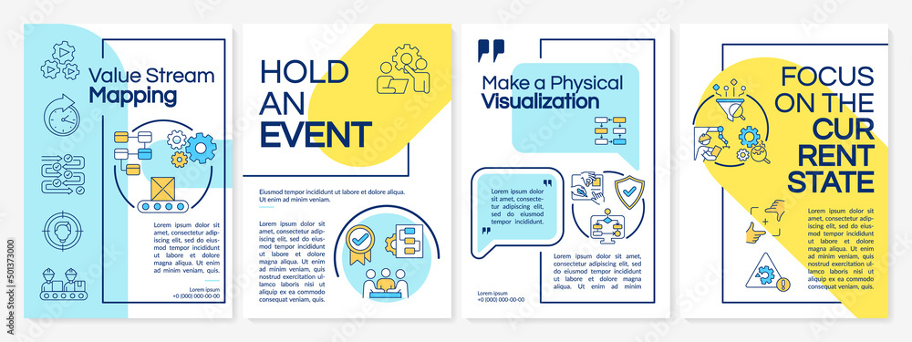 Wall mural Value stream mapping yellow and blue brochure template. Lean manufacturing. Leaflet design with linear icons. 4 vector layouts for presentation, annual reports. Questrial, Lato-Regular fonts used