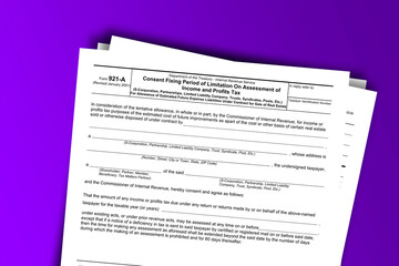 Form 921-A documentation published IRS USA 07.17.2012. American tax document on colored