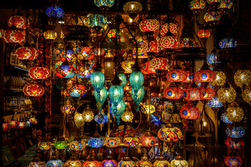 Many Turkish mosaic lamps, oriental traditional light