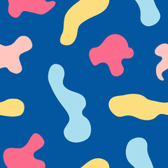 Abstract seamless pattern. Trendy multicolored shapes on a blue background.