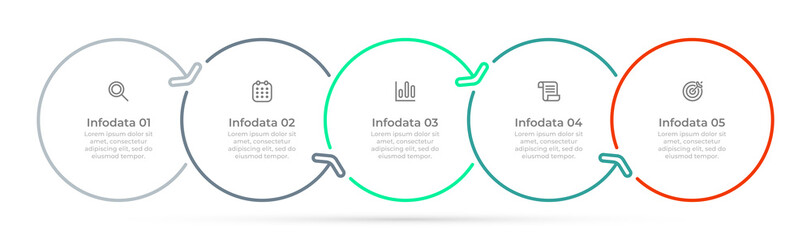 Vector thinline infographic template label design with arrows and 5 steps, options. Can be used for business timeline process, info chart, presentation layout.